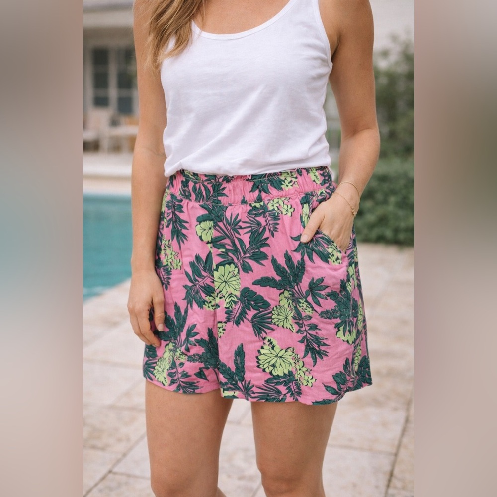 LOFT Pink Tropical Floral Linen Blend Shorts Small High Rise Pull On Pockets